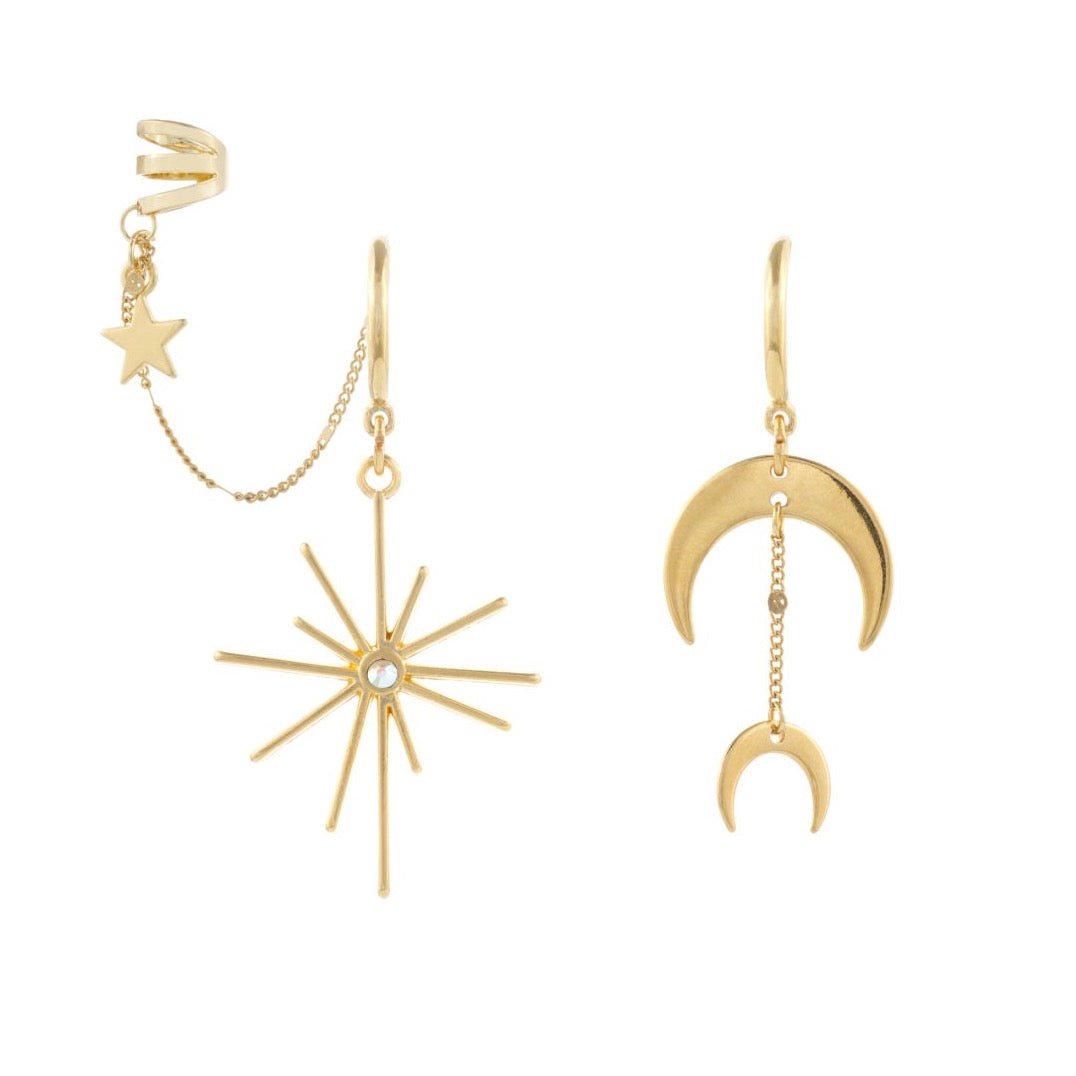 Brincos Luas e Estrela Polar com Ear Cuff